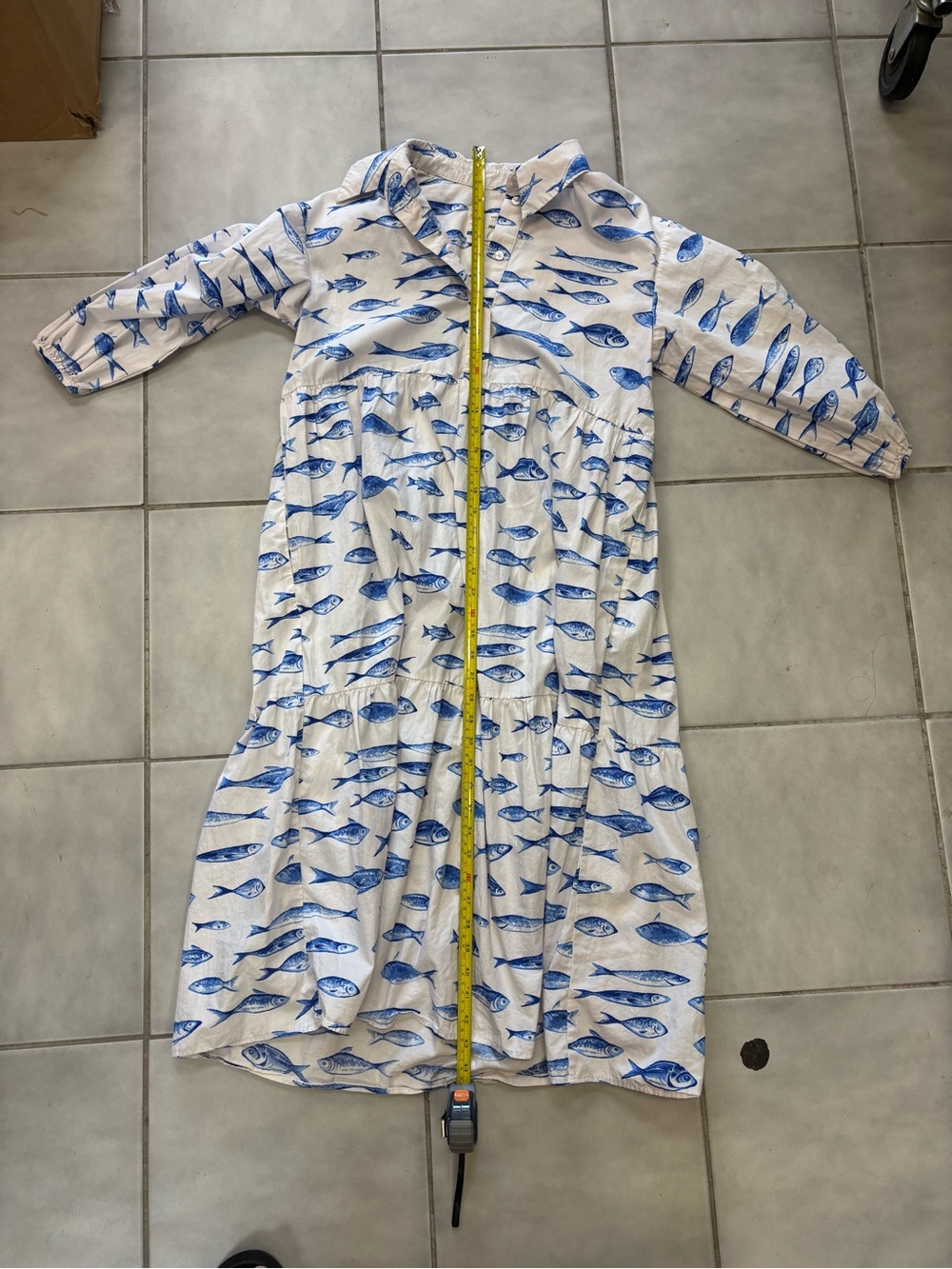 Maeve Bettina White & Blue Fish-Print Tiered Shirt Dress - Picture 13 of 13